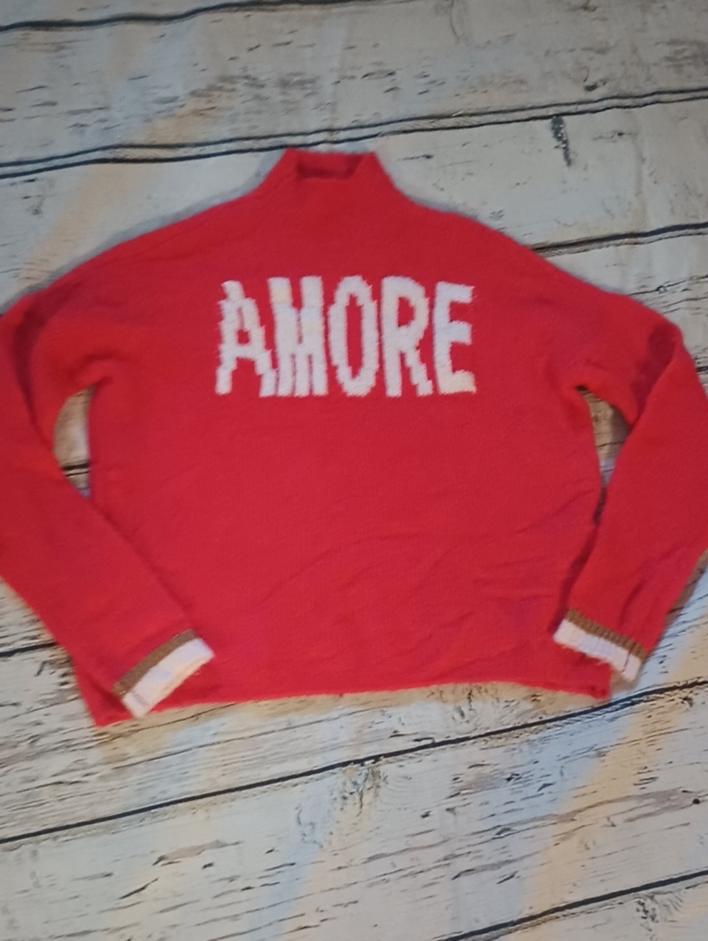 Only Red White Amore Mock Neck Sweater XS
